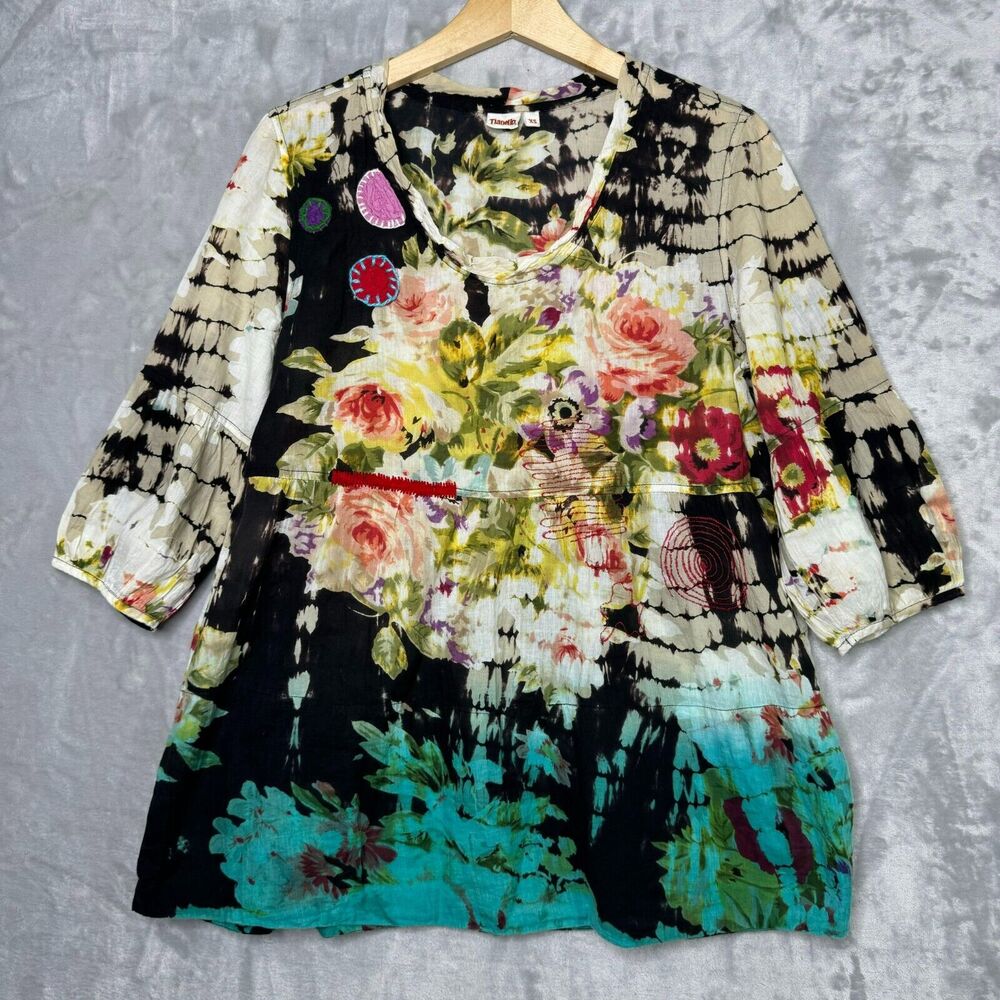 Tianello Top Womens XS Colorful Floral Embroidered Cotton Short Sleeve Boho